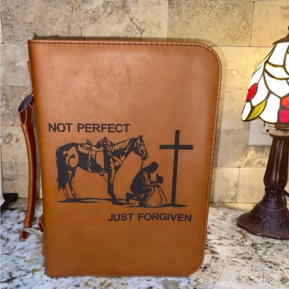 Western Rawhide Leatherette Bible Cover, cowboy, horse and cross.